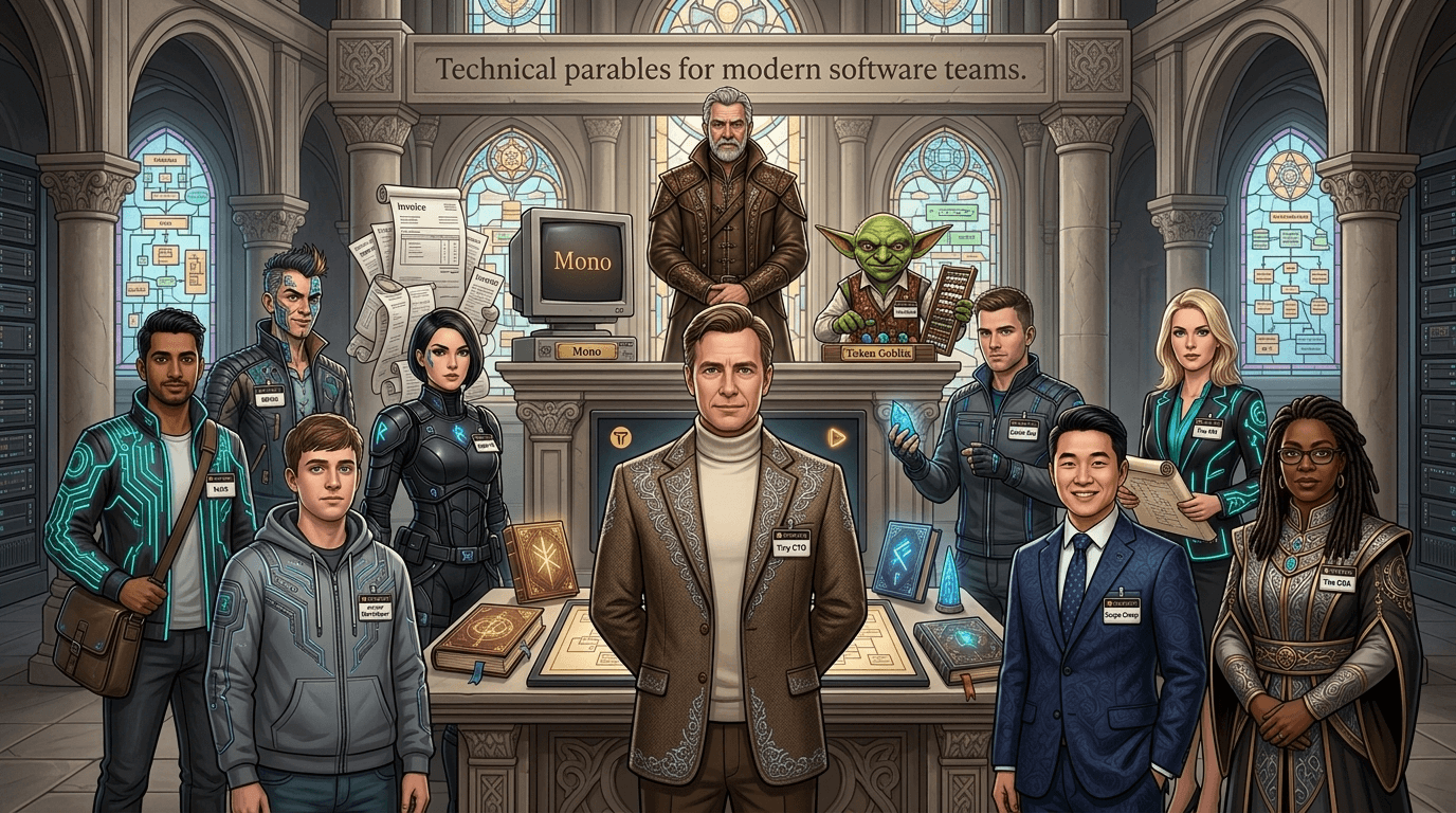 Sacred Systems Sanctuary visual style — Tiny CTO: The Chaos Stack.