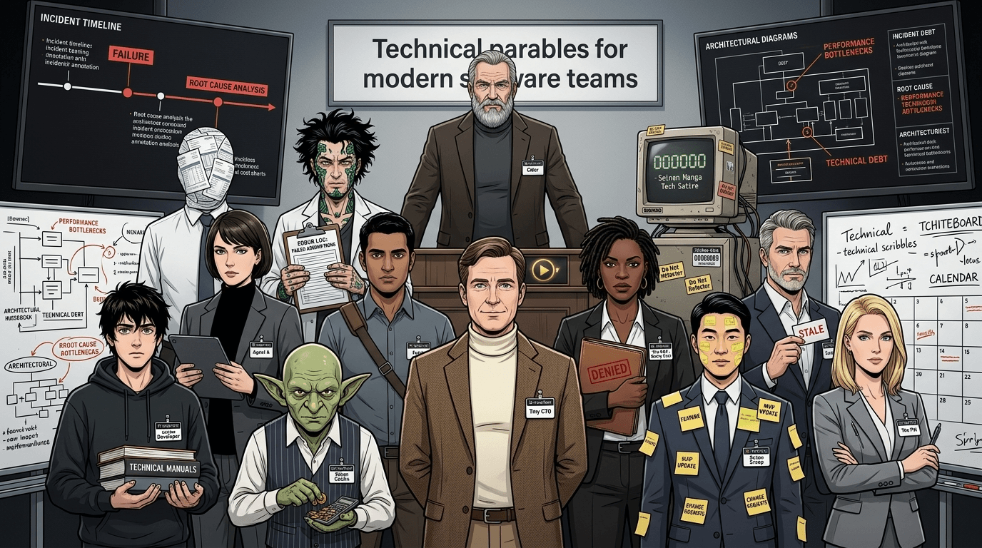 Seinen Manga Tech Satire visual style — Tiny CTO: The Chaos Stack.