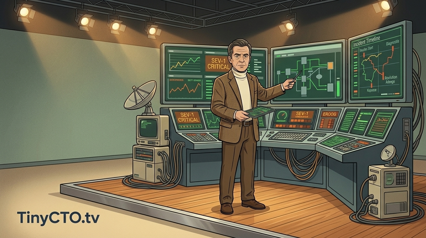 Retro Sci-Fi Sitcom visual style for Tiny CTO: The Chaos Stack.
